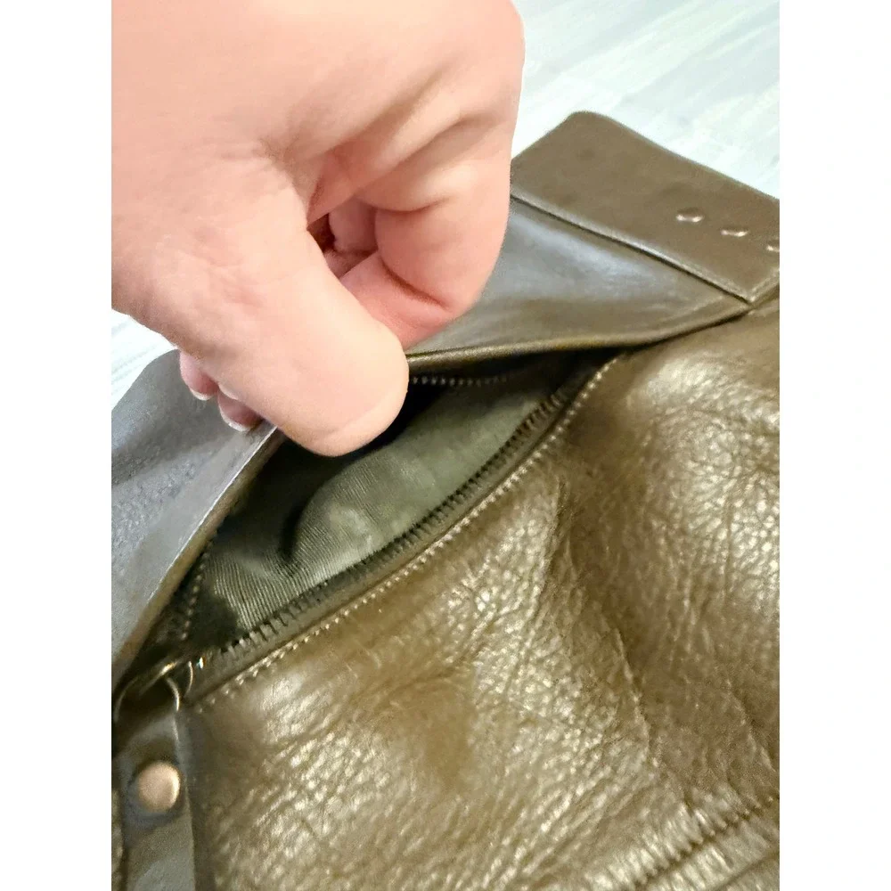Eileen Fisher Olive Green Leather Tote Bag Hobo Handbag Brass Hardware
